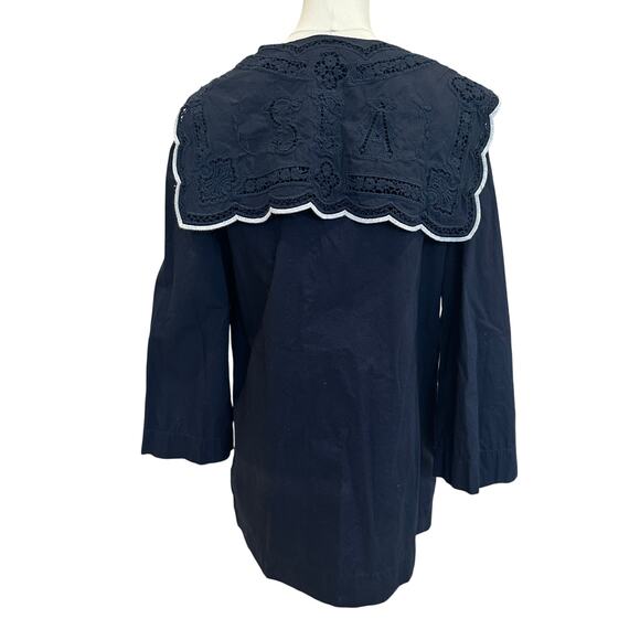 SEA Blue Mini Shift Dress SMALL Nautical Anime Cottage Embroidered Designer $400 - Picture 10 of 12